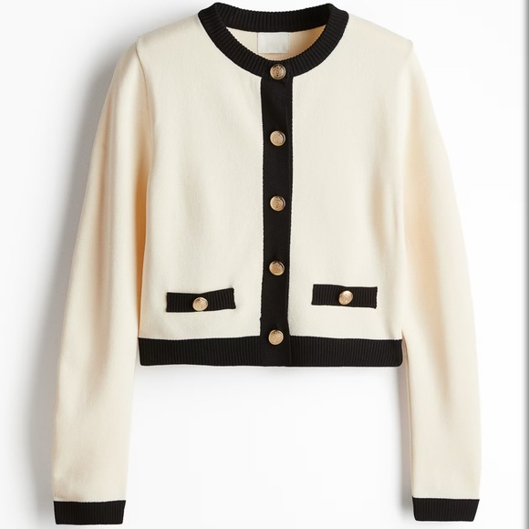 FINE-KNIT CARDIGAN Elegant Cream and Black - Picture 1 of 2
